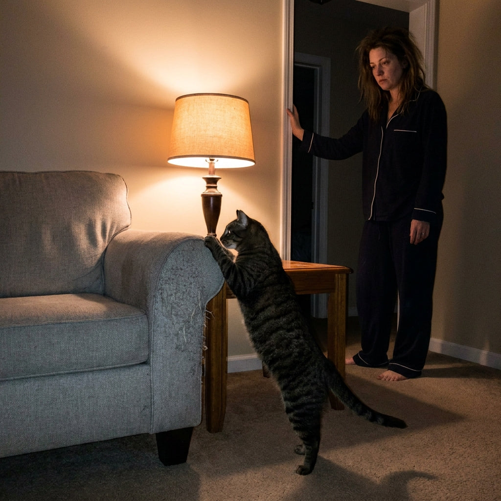Bored cat scratching the sofa at night while its owner watches