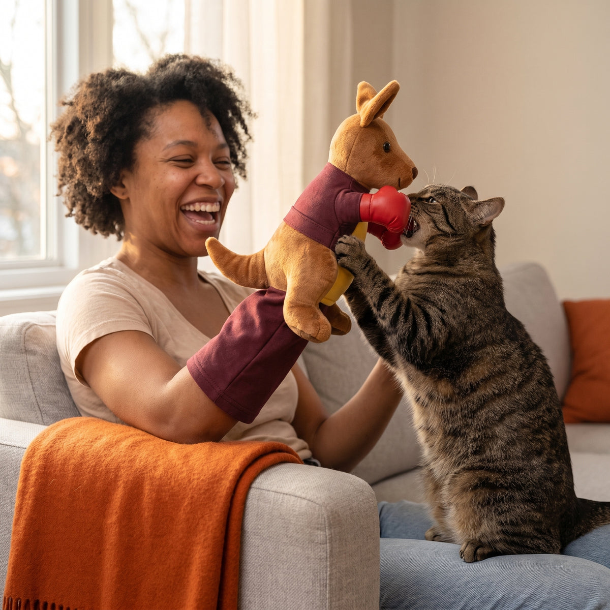 Owner playing with her cat using the Purrboxer glove