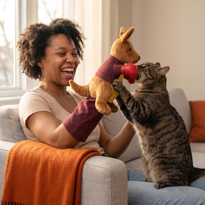 Owner playing with her cat using the Purrboxer glove