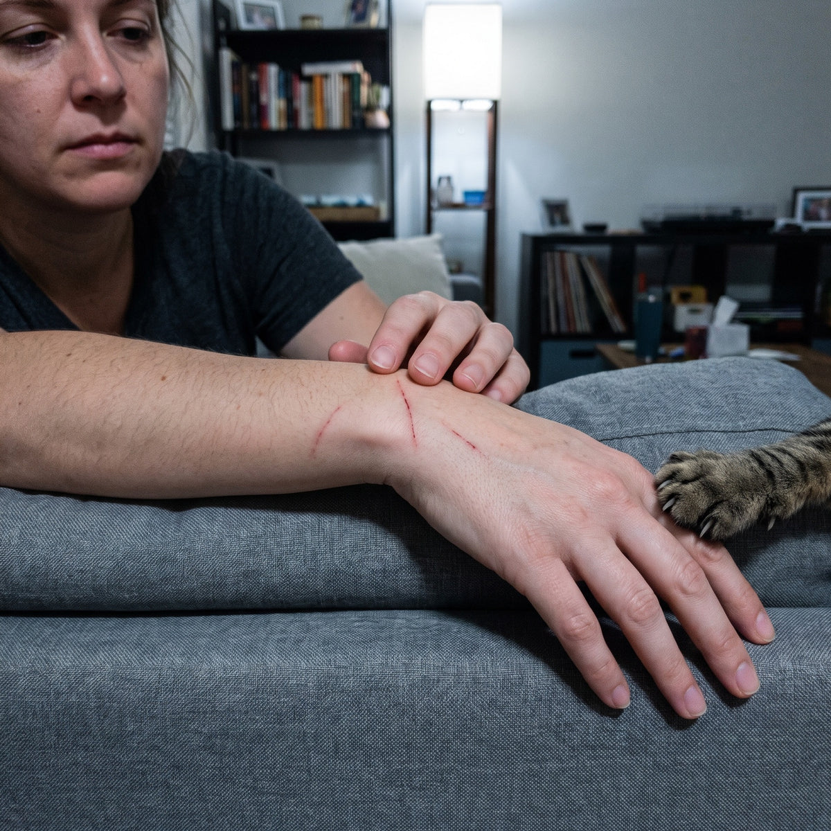 Cat scratches on a woman's hand and wrist after playtime
