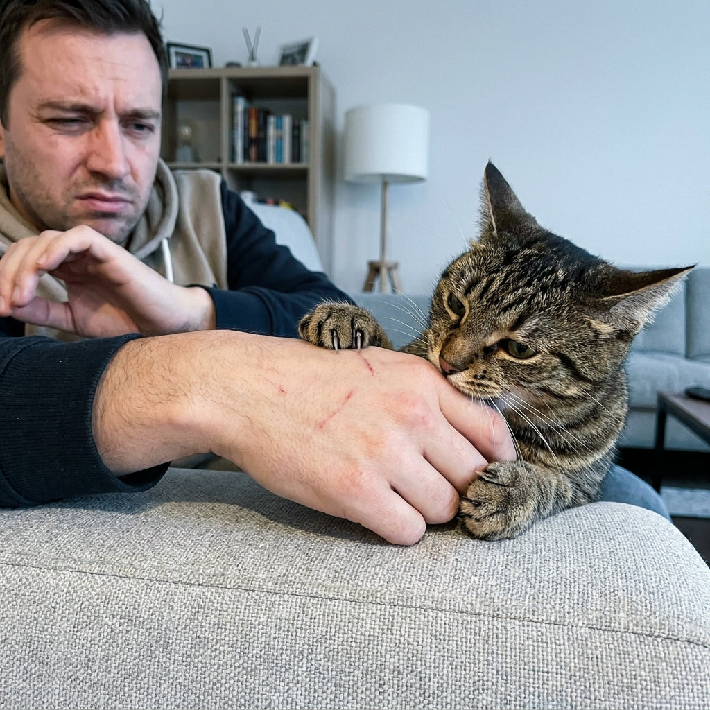 Cat biting a bare hand during play