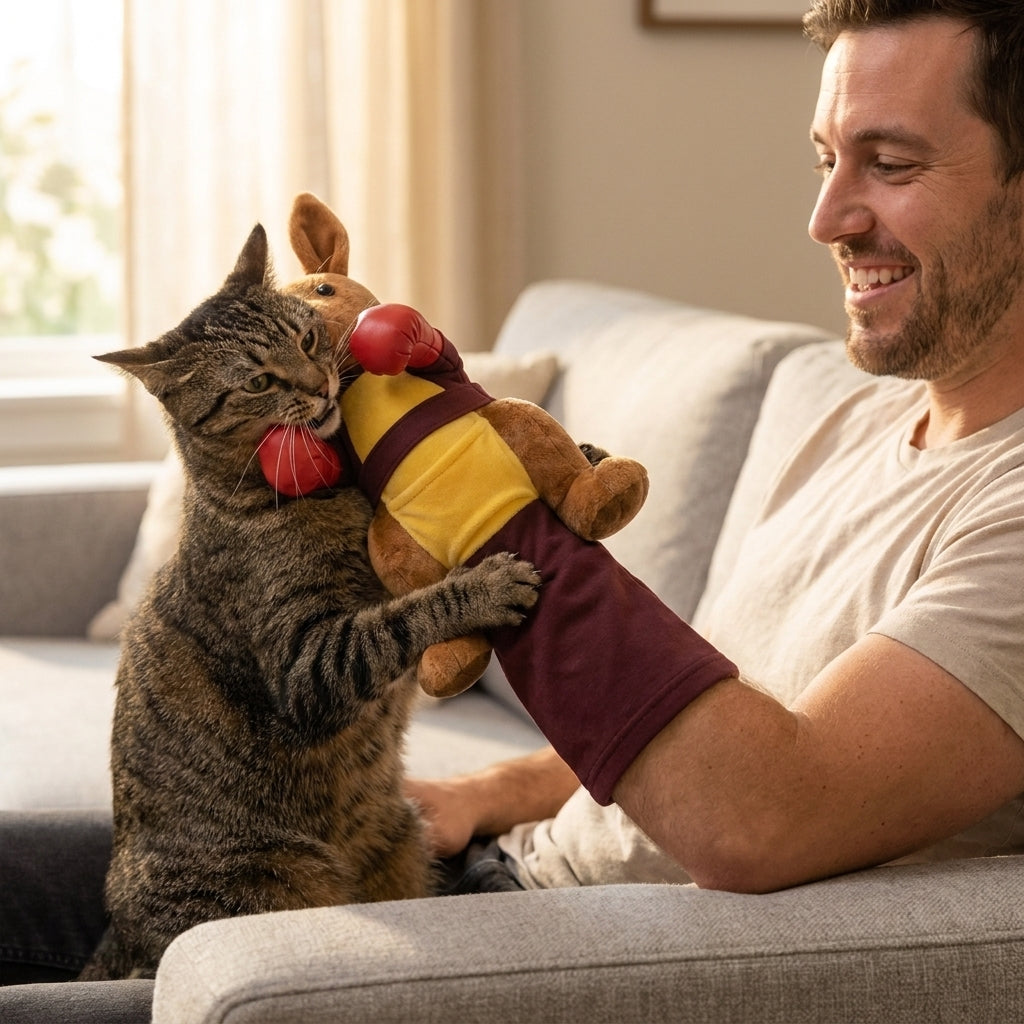 Cat biting the Purrboxer glove while its owner laughs