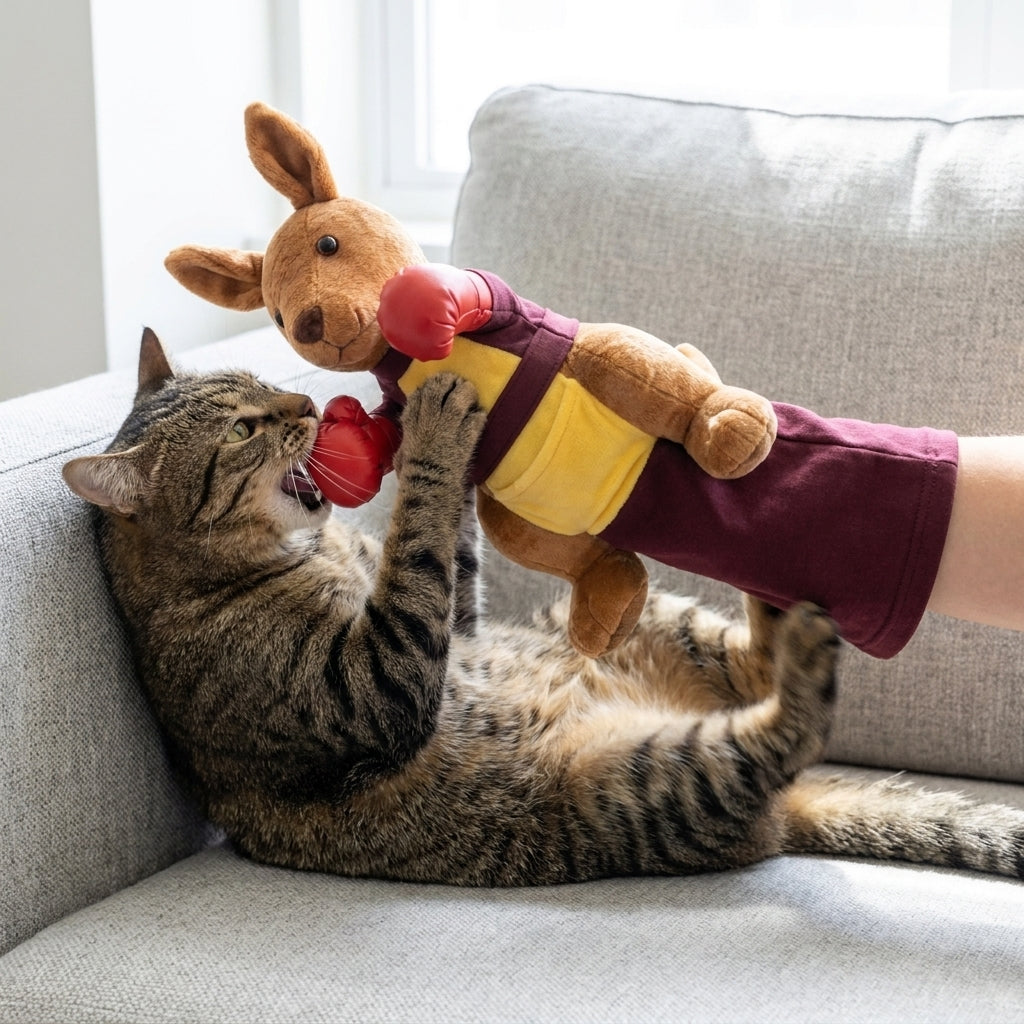 Cat on its back boxing the Purrboxer glove
