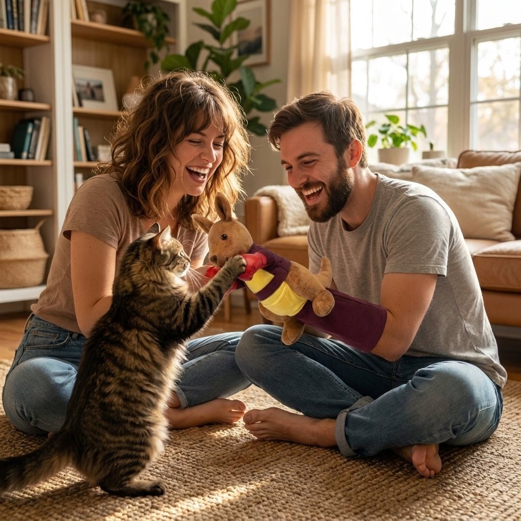 Couple playing with their cat using the Purrboxer glove
