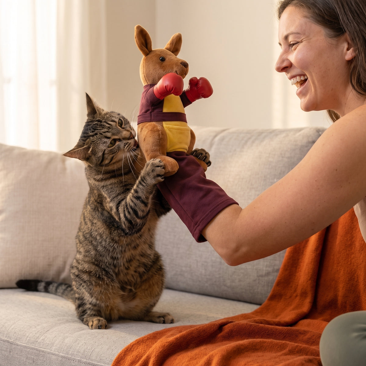 Cat boxing the Purrboxer glove while its owner laughs